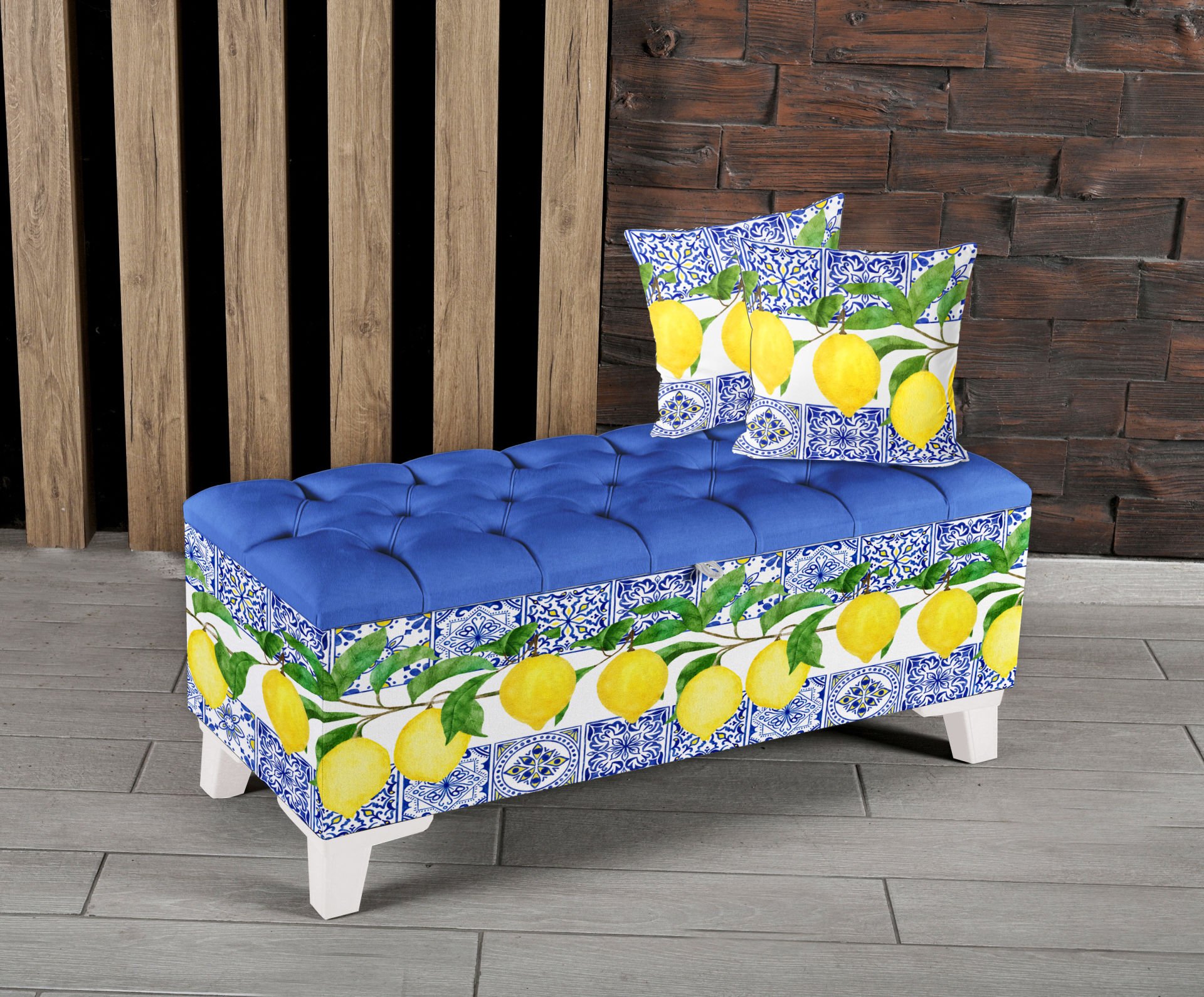 Çinili Limon Desenli Sandıklı Puf +2 Kırlent