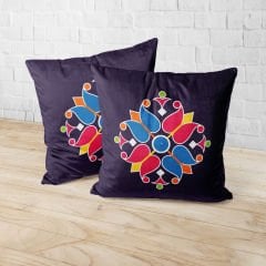 Renkli Kuşlar Desenli Mor Ayaklı Puf +2 Kırlent Kılıfı-KP10-05