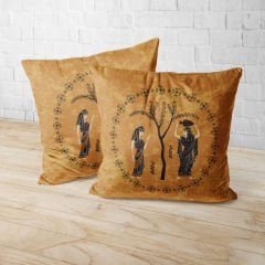 Antik Sümer Desenli Ayaklı Puf +2 Kırlent Kılıfı-KP10-44