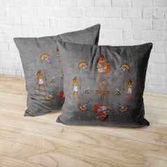 Antik Mısır Desenli Ayaklı Puf +2 Kırlent Kılıfı-KP10-45