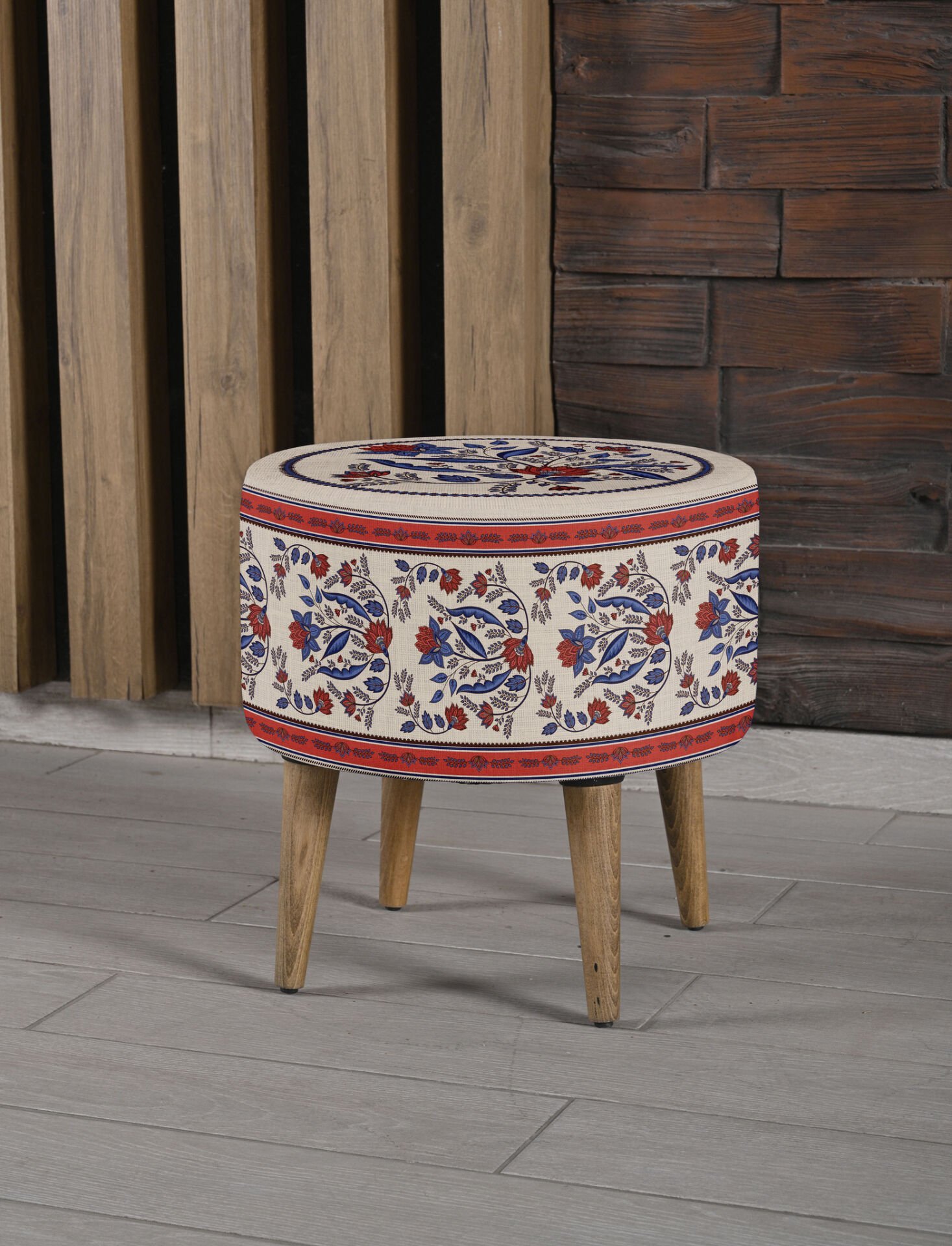 Retro Çiçek Desenli Ayaklı Puf +2 Kırlent Kılıfı-KP10-01