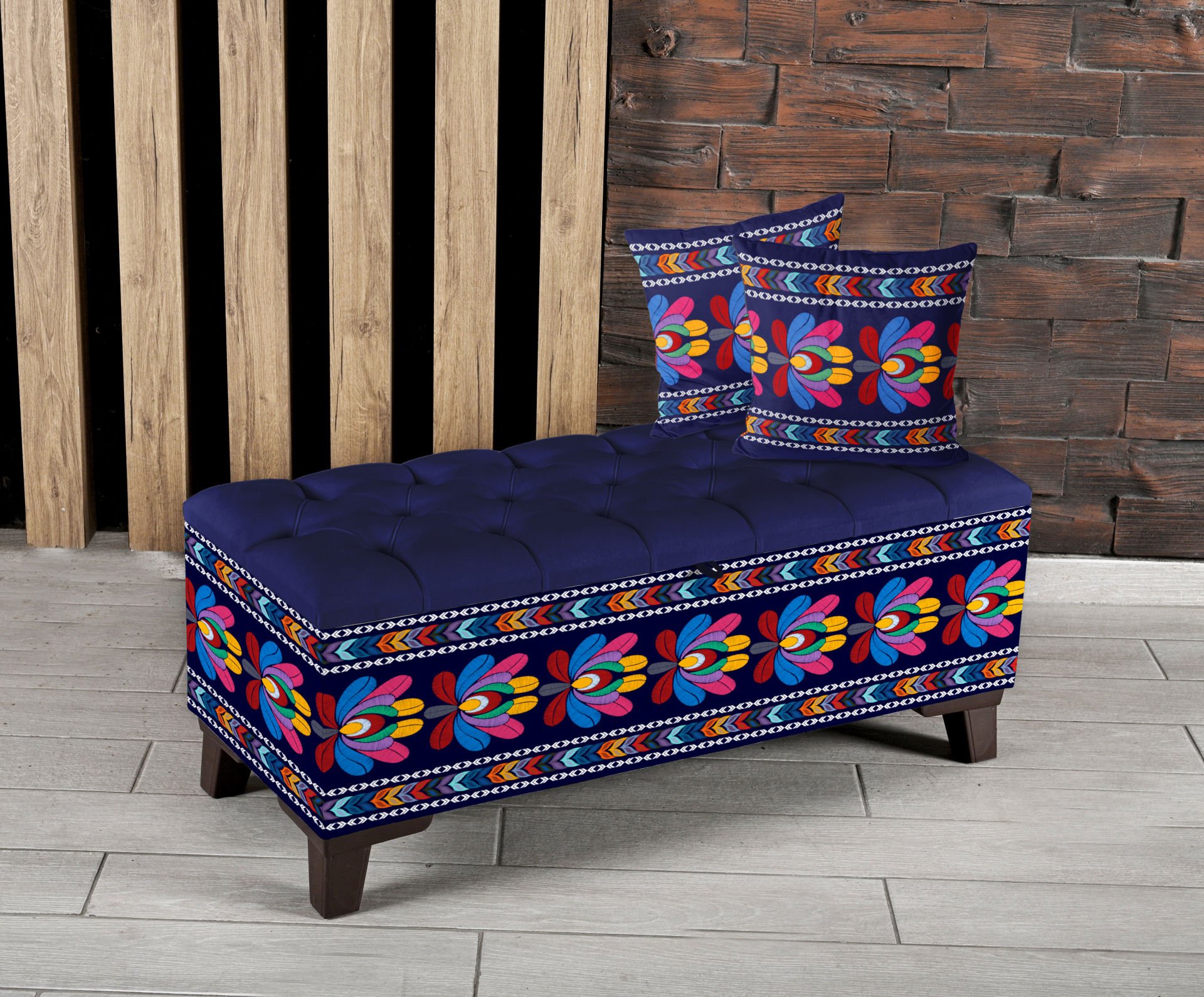 Nakış Çiçekler Desenli Sandıklı Puf +2 Kırlent